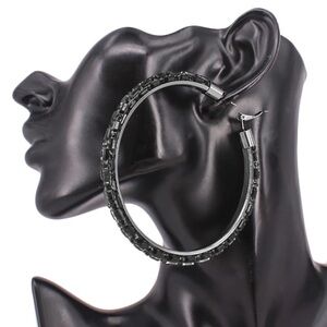 Black Oversized Baguette Rhinestone Embellished Hoop Statement Earrings